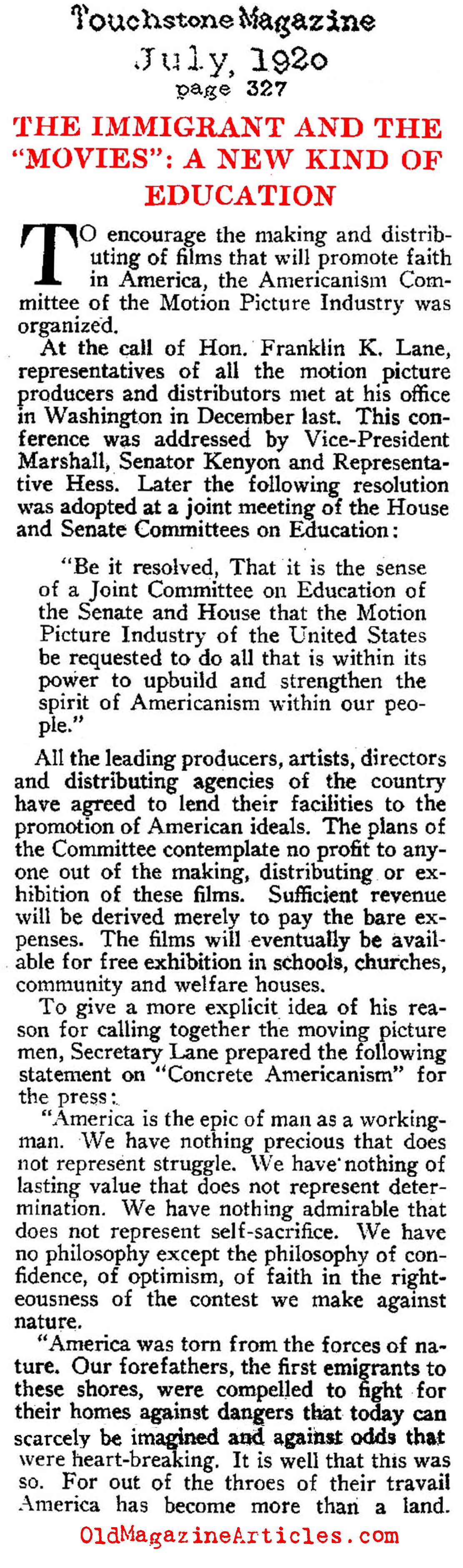 Movies will Promote Americanism (Touchstone Magazine, 1920)